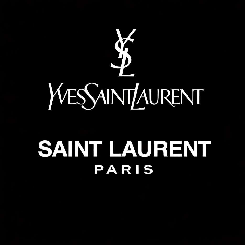 YSL Saint Laurent Paris wordmark in white on black square background, minimalist monochrome luxury branding
