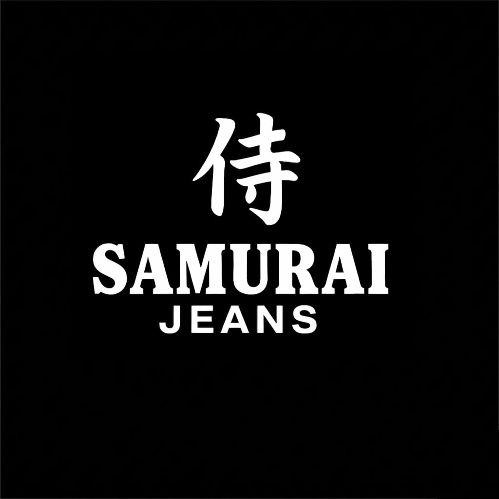 Samurai Jeans wordmark in white on black square background, monochrome Japanese selvedge denim brand plate