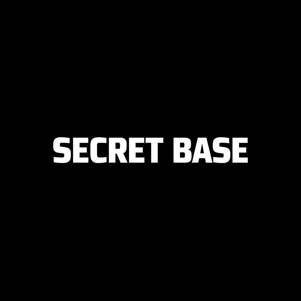 Secret Base wordmark in white on black square background, monochrome Japanese collectible culture brand banner