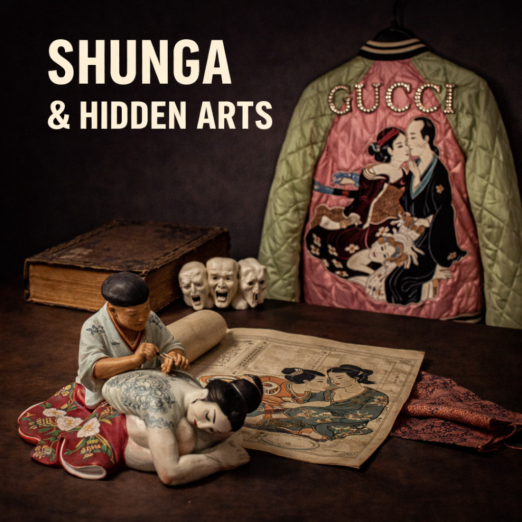 Premium square hero banner featuring Edo-period shunga woodblock print, tattoo artist okimono, ivory netsuke masks, and embroidered Japanese ukiyo-e jacket in museum-style archive setting.