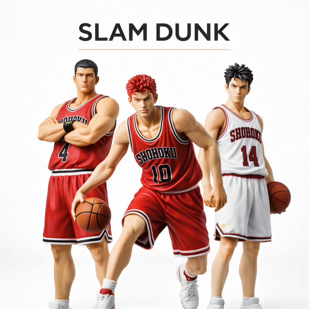 Slam Dunk anime basketball character figures arranged in premium white studio collection collage
