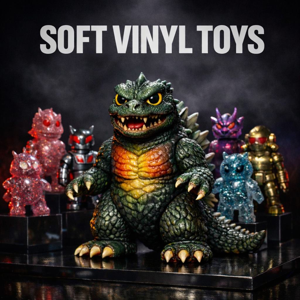 Soft vinyl kaiju monster figure in green and orange scales displayed on black pedestal surrounded by translucent and metallic designer vinyl toys under Soft Vinyl Toys title