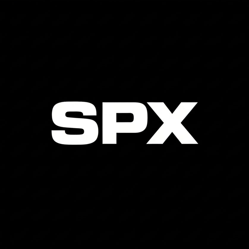 SPX wordmark in white on black square background, monochrome contemporary brand plate