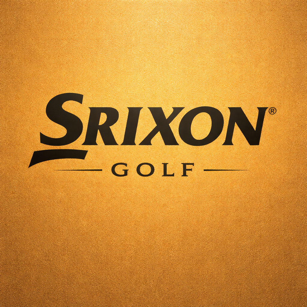 Black embossed SRIXON Golf logo centered on matte antique gold foil texture with soft museum lighting in square format.