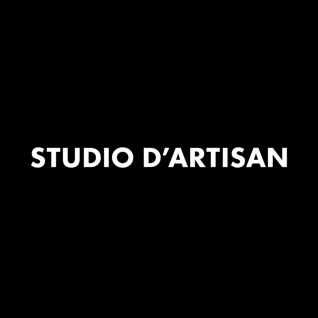 Studio D’Artisan wordmark in white on black square background, monochrome heritage Japanese denim brand plate