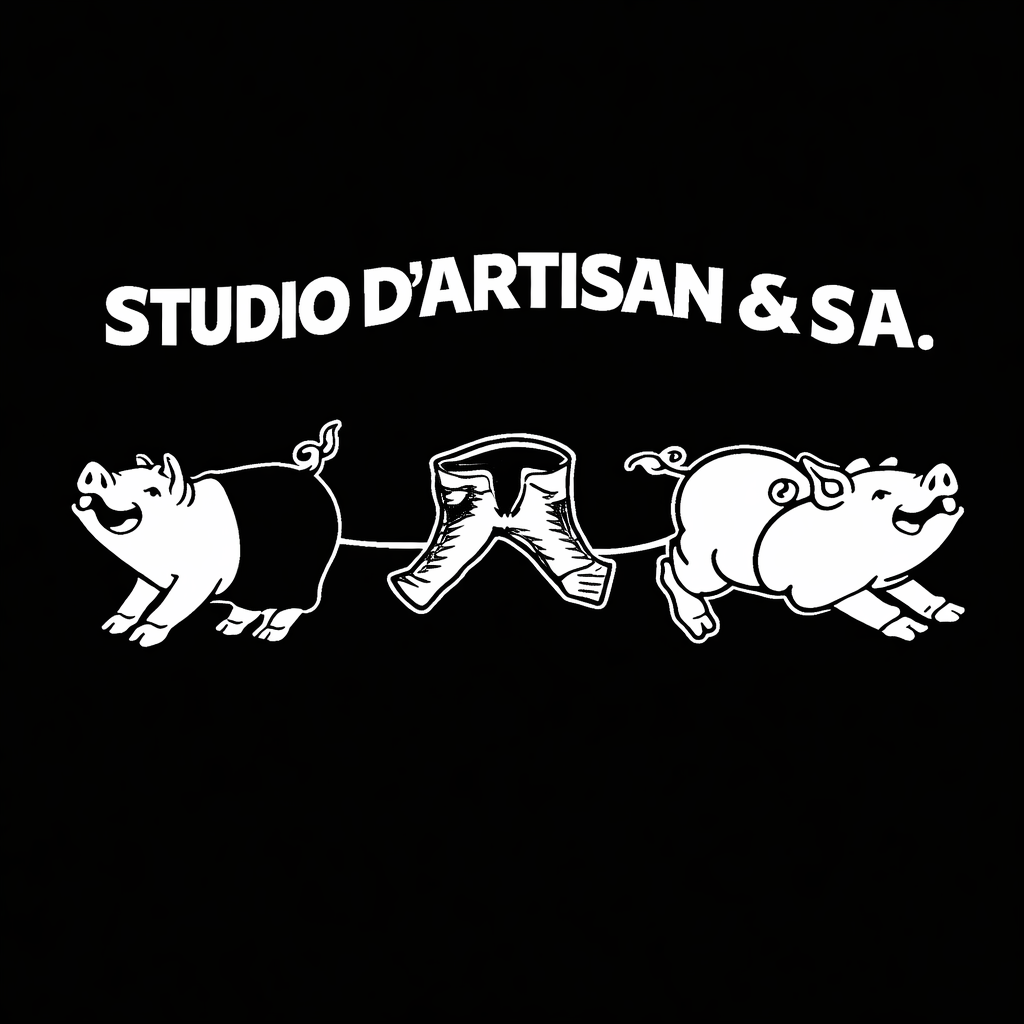 Studio D’Artisan & S.A. arched wordmark with two pigs and denim graphic in white on black square background, monochrome heritage denim brand plate