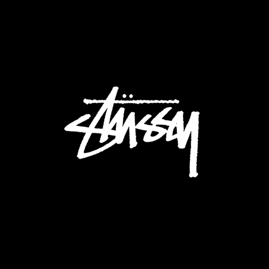 Stüssy script wordmark in white on black square background, monochrome streetwear brand banner