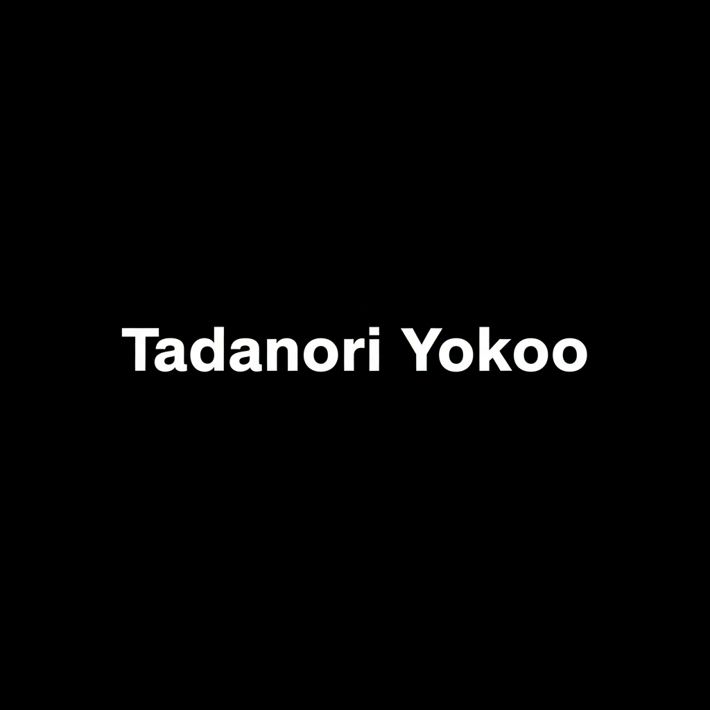 Tadanori Yokoo wordmark in white on black square background, monochrome Japanese graphic artist brand banner