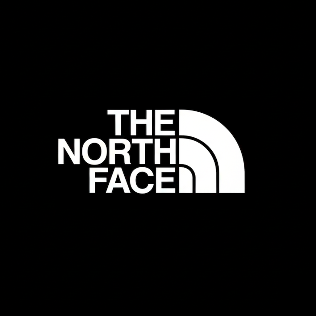 The North Face logo and wordmark in white on black square background, monochrome outdoor brand banner