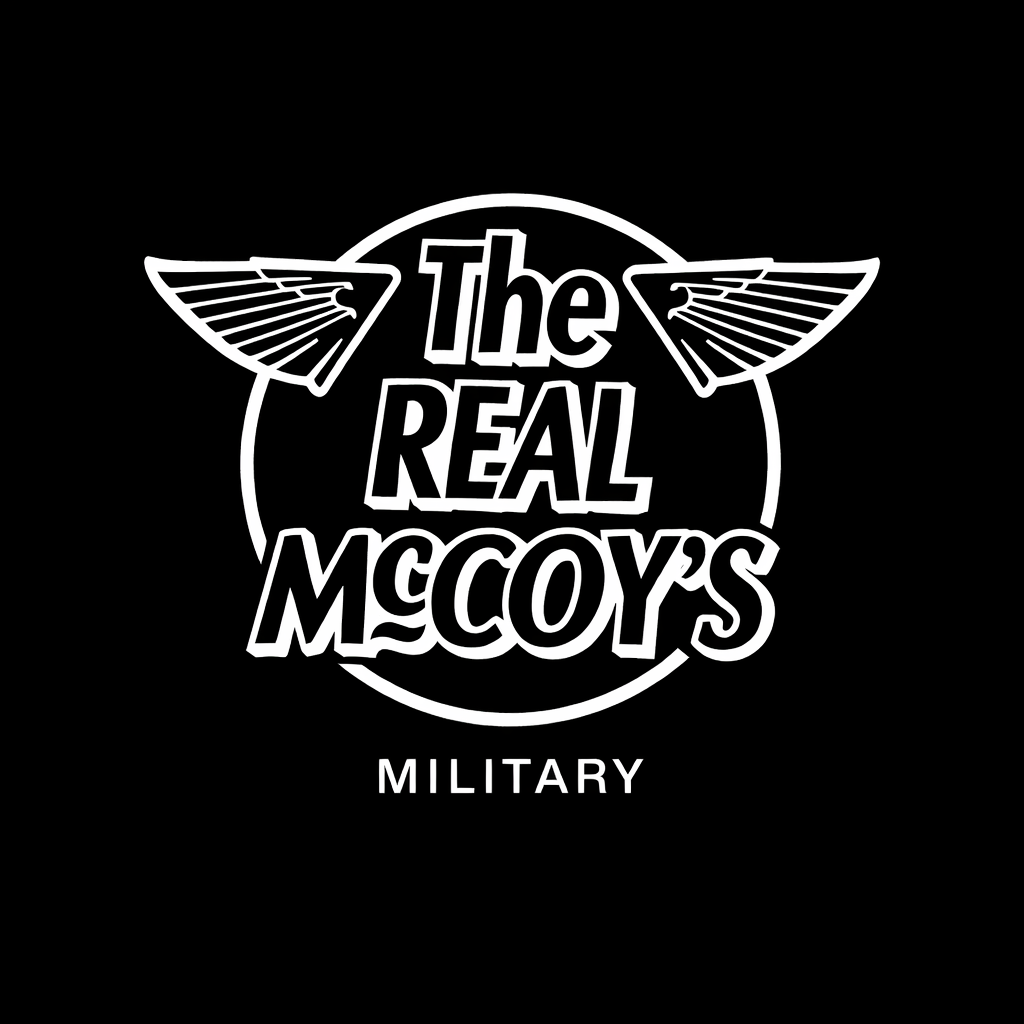 The Real McCoy’s wordmark in white on black square background, monochrome Japanese heritage fashion brand plate