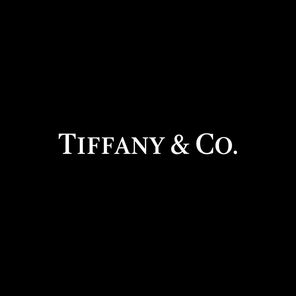 Tiffany & Co. wordmark in white on black square background, minimalist monochrome luxury jewelry banner