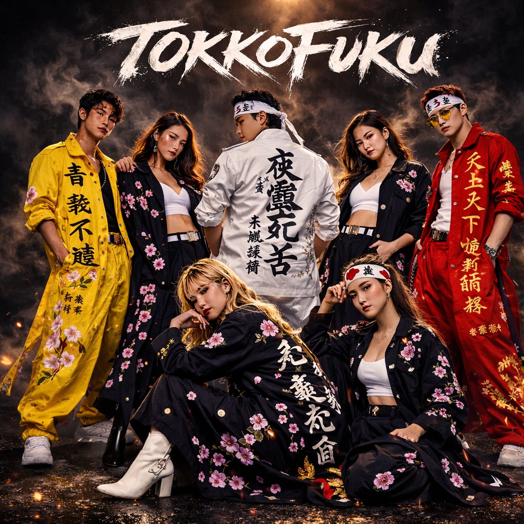 Seven Japanese bikers wearing colorful embroidered Tokkofuku jumpsuits viewed from behind with bold white TOKKOFUKU brush lettering centered above in a cinematic dark studio setting