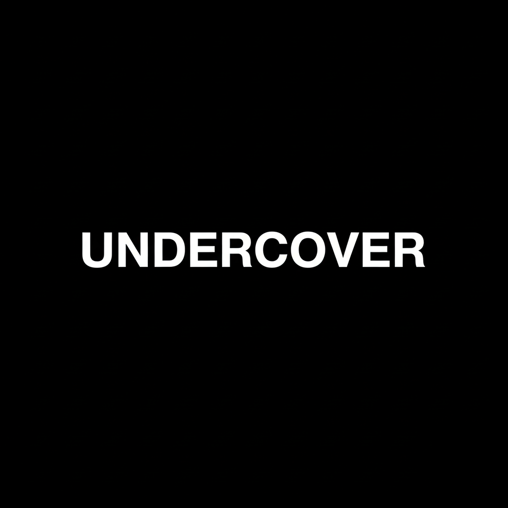 Undercover wordmark in white on black square background, monochrome Japanese street fashion brand plate