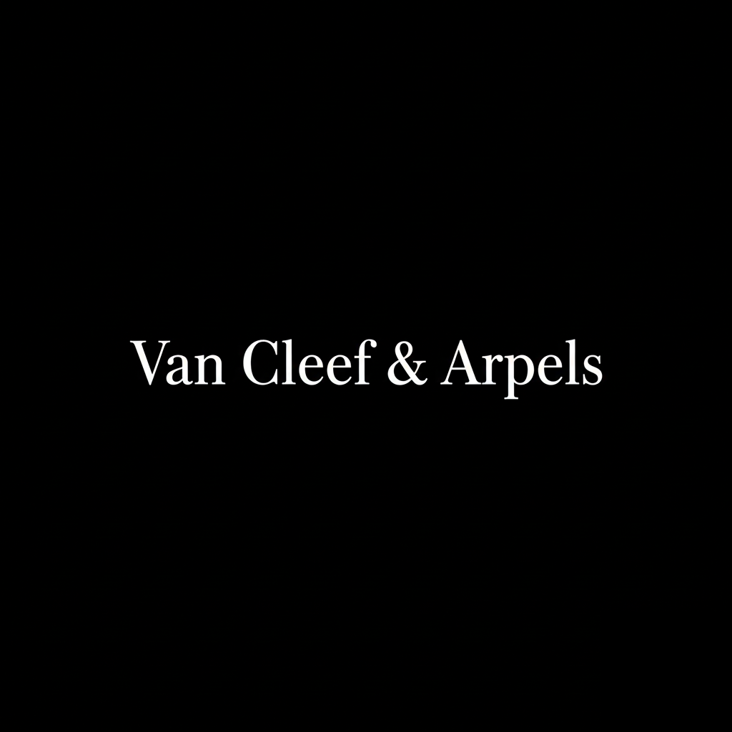 Van Cleef & Arpels wordmark in white on black square background, luxury monochrome brand banner.