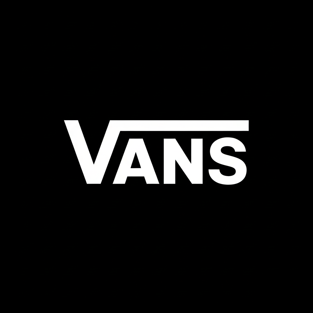 Vans wordmark with extended V in white on black square background, minimalist skate brand tile