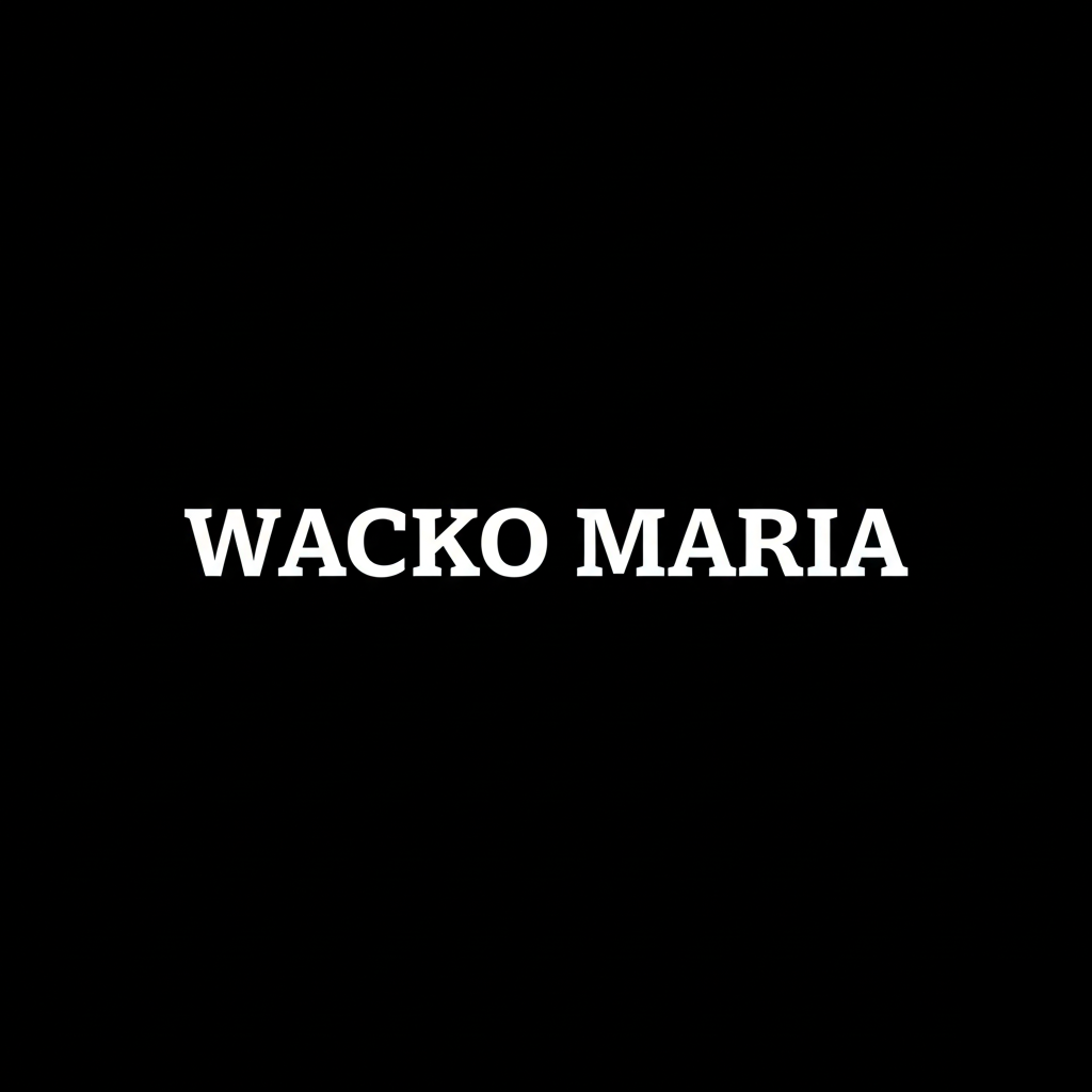 Wacko Maria wordmark in white on black square background, monochrome Japanese fashion brand plate