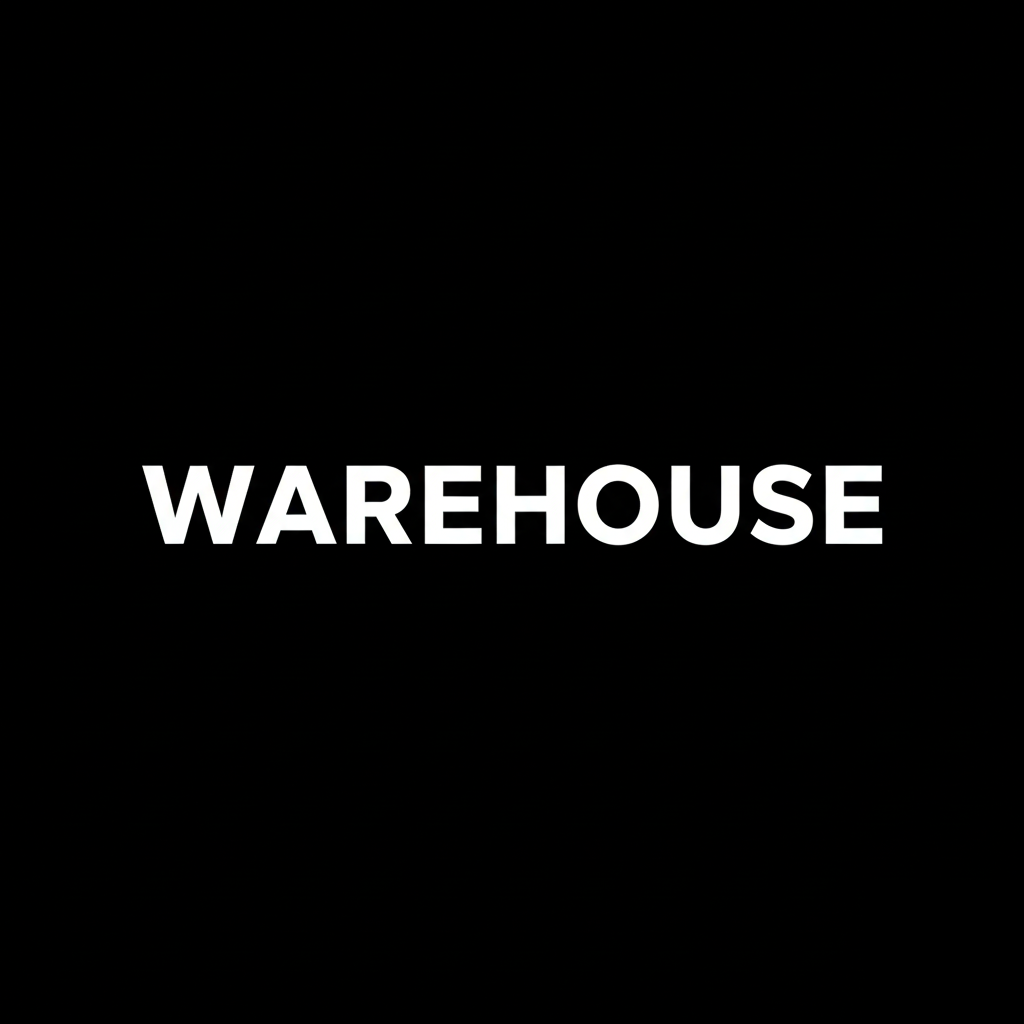 Warehouse wordmark in white on black square background, monochrome vintage Japanese denim brand banner