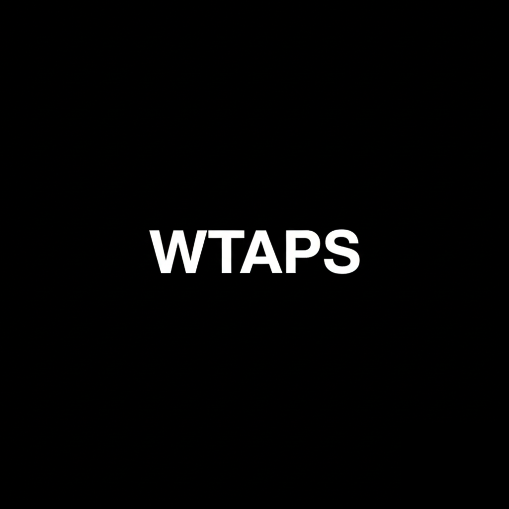 WTAPS wordmark in white on black square background, monochrome Japanese tactical fashion brand plate