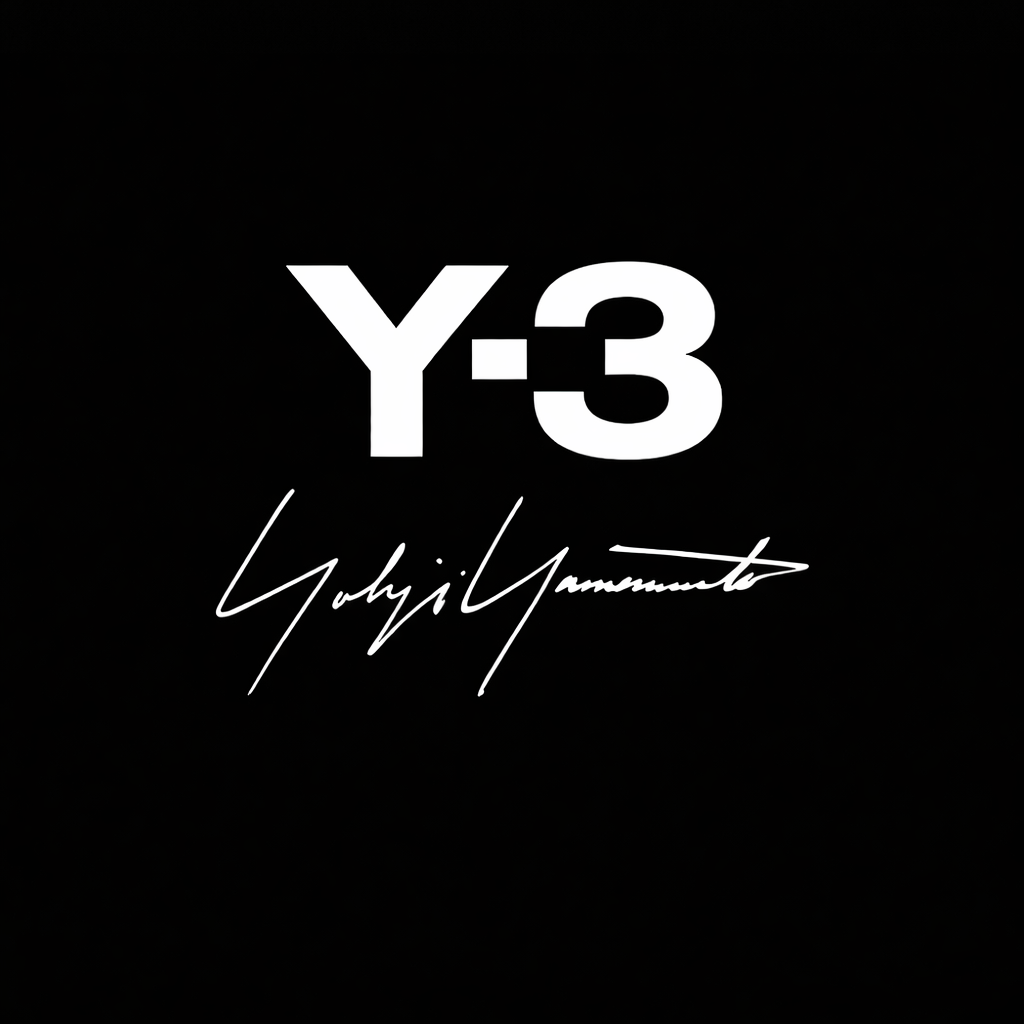 Y-3 logo in white on black square background, monochrome Yohji Yamamoto and adidas collaboration brand plate