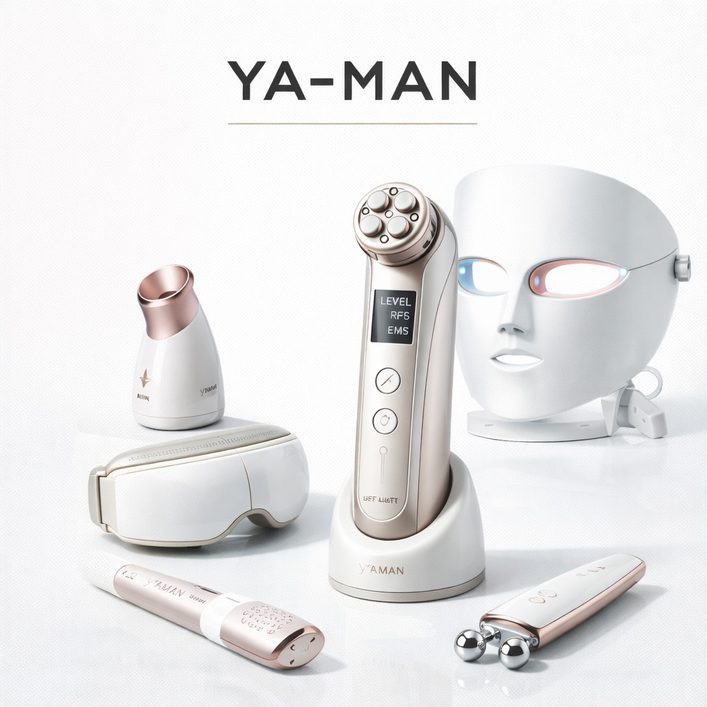Luxury YA-MAN Japanese beauty technology devices including RF and EMS tools arranged in refined white studio composition