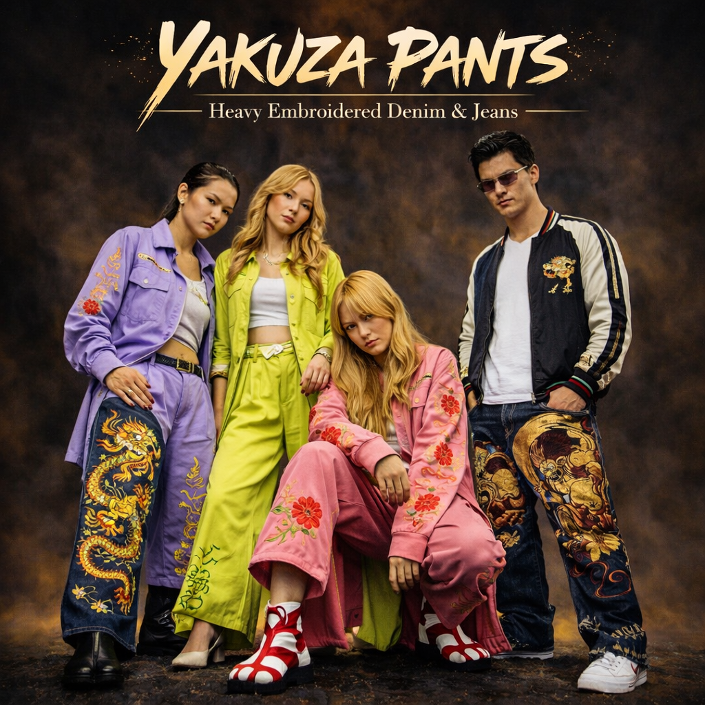 Square hero image of four models wearing heavy embroidered Yakuza denim jeans and dragon sukajan jacket, featuring split-toe jika tabi sneakers and bold Japanese streetwear styling