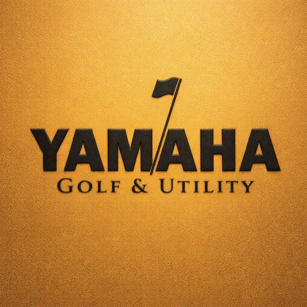 Black embossed YAMAHA Golf & Utility logo on warm antique gold foil surface with soft overhead lighting in square format.