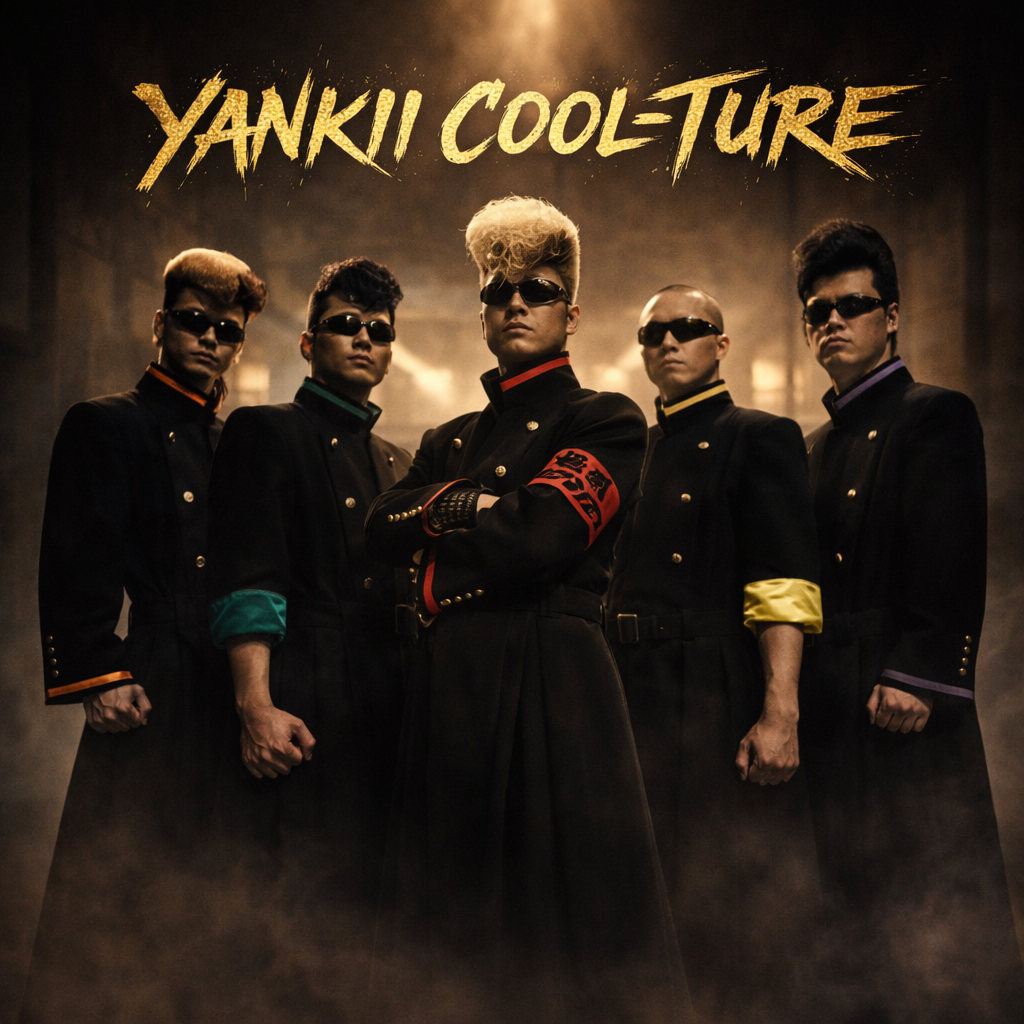 Five men wearing modern black gakuran uniforms with colored cuff accents and sunglasses standing in dramatic formation beneath gold Yankii Coole-ture title