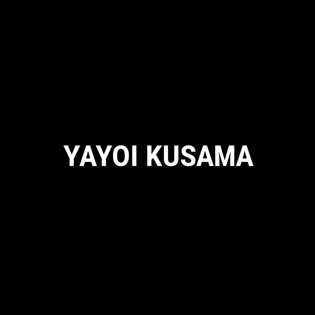 Yayoi Kusama wordmark in white on black square background, minimalist monochrome contemporary artist brand plate