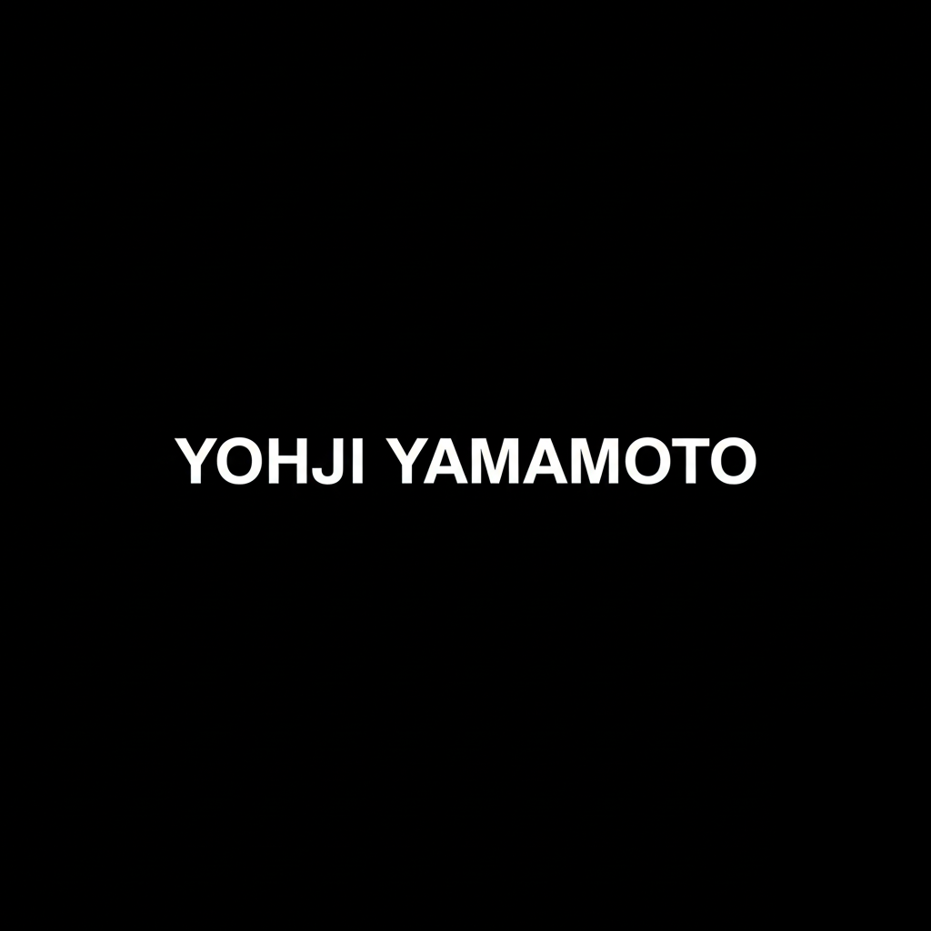 Yohji Yamamoto wordmark in white on black square background, monochrome Japanese avant garde fashion brand banner