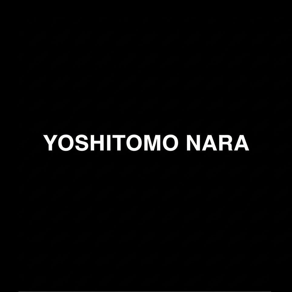 Yoshitomo Nara wordmark in white on black square background, monochrome Japanese contemporary artist banner