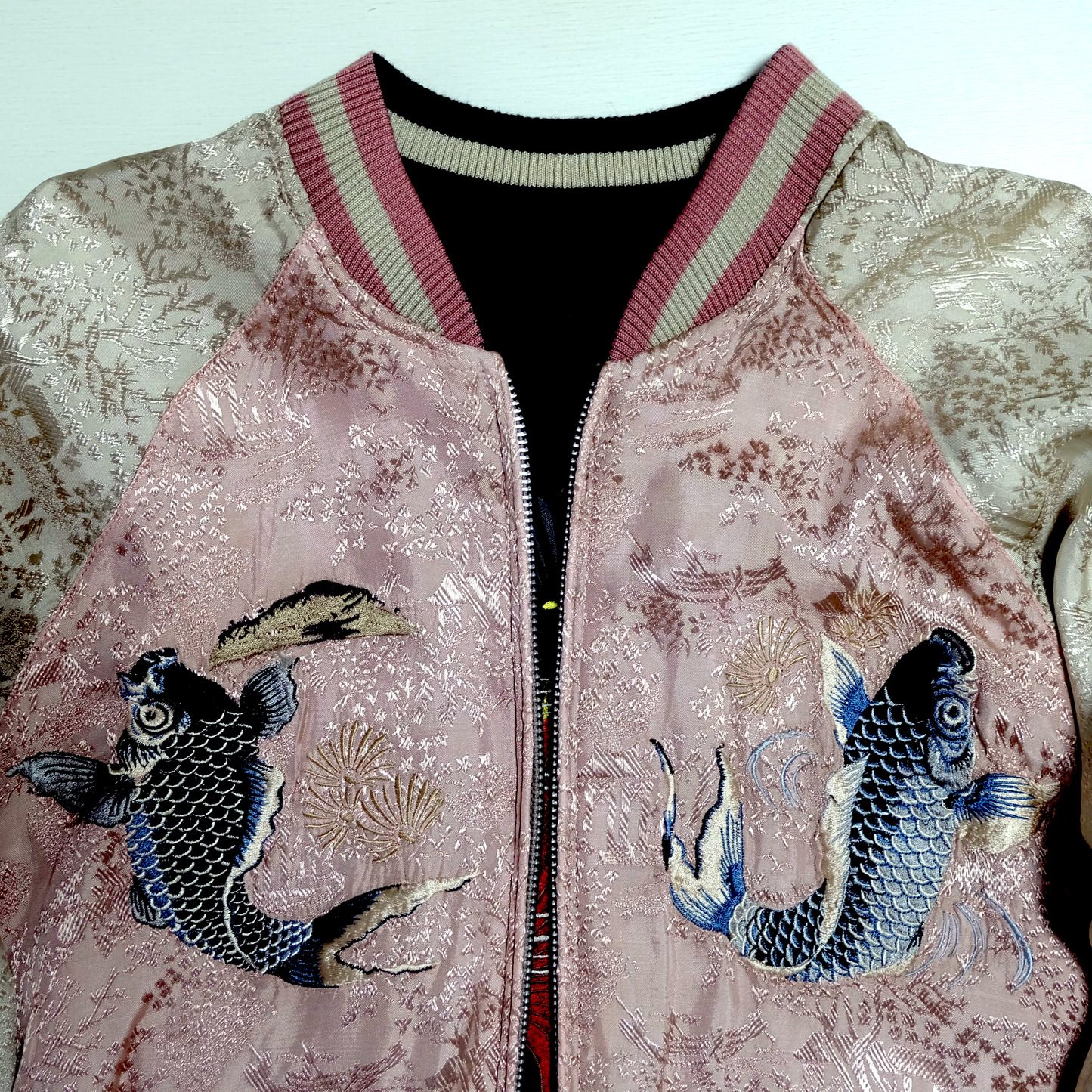 Kawaii Chic Cute Vintage Japanese Sukajan Reversible Jacket – Goldfish & Koi Embroidery, Pink Brocade + Black Velvet Souvenir Jacket Japan