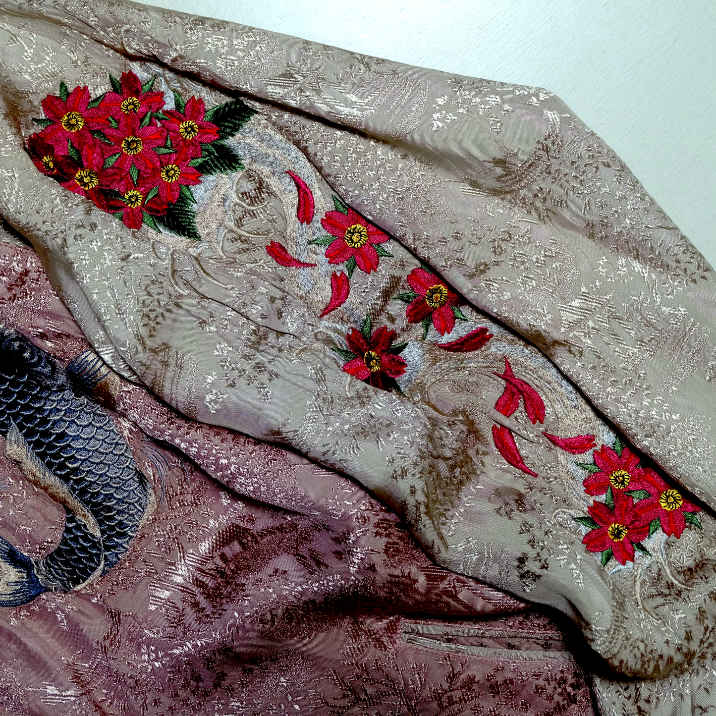 Kawaii Chic Cute Vintage Japanese Sukajan Reversible Jacket – Goldfish & Koi Embroidery, Pink Brocade + Black Velvet Souvenir Jacket Japan