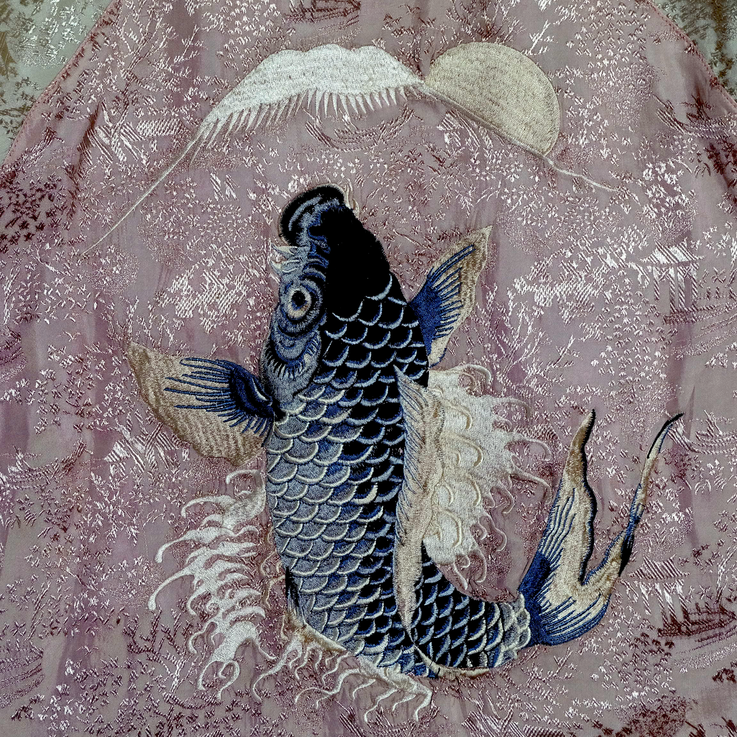 Kawaii Chic Cute Vintage Japanese Sukajan Reversible Jacket – Goldfish & Koi Embroidery, Pink Brocade + Black Velvet Souvenir Jacket Japan
