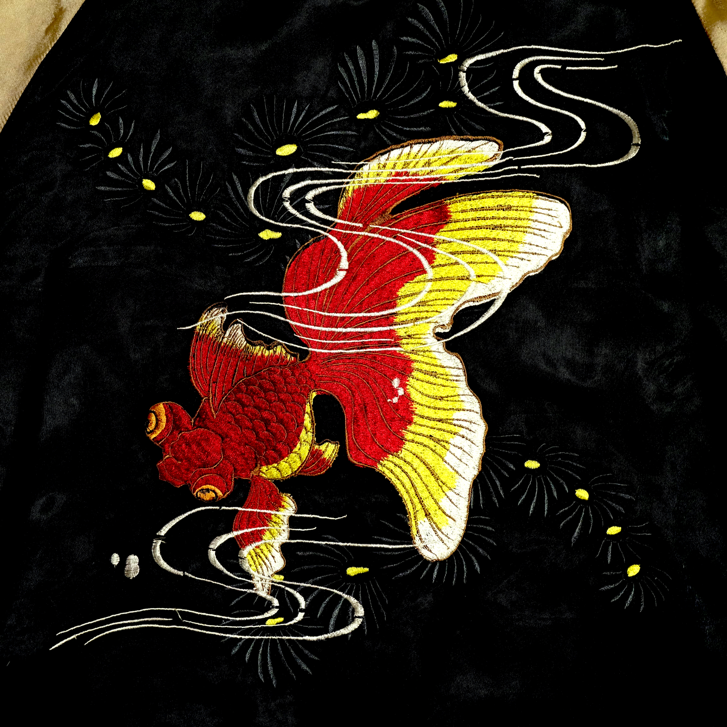Kawaii Chic Cute Vintage Japanese Sukajan Reversible Jacket – Goldfish & Koi Embroidery, Pink Brocade + Black Velvet Souvenir Jacket Japan