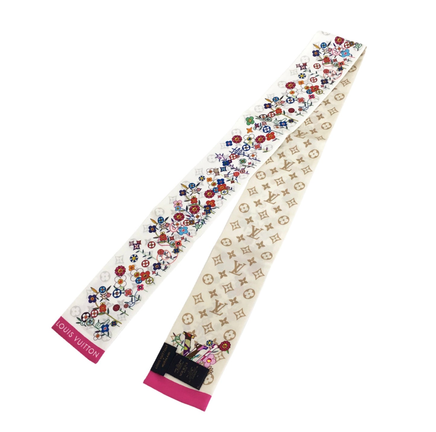Louis Vuitton × Takashi Murakami Bandeau Superflat M96165 Silk Scarf LV Monogram Flower Slim Twilly White Pink