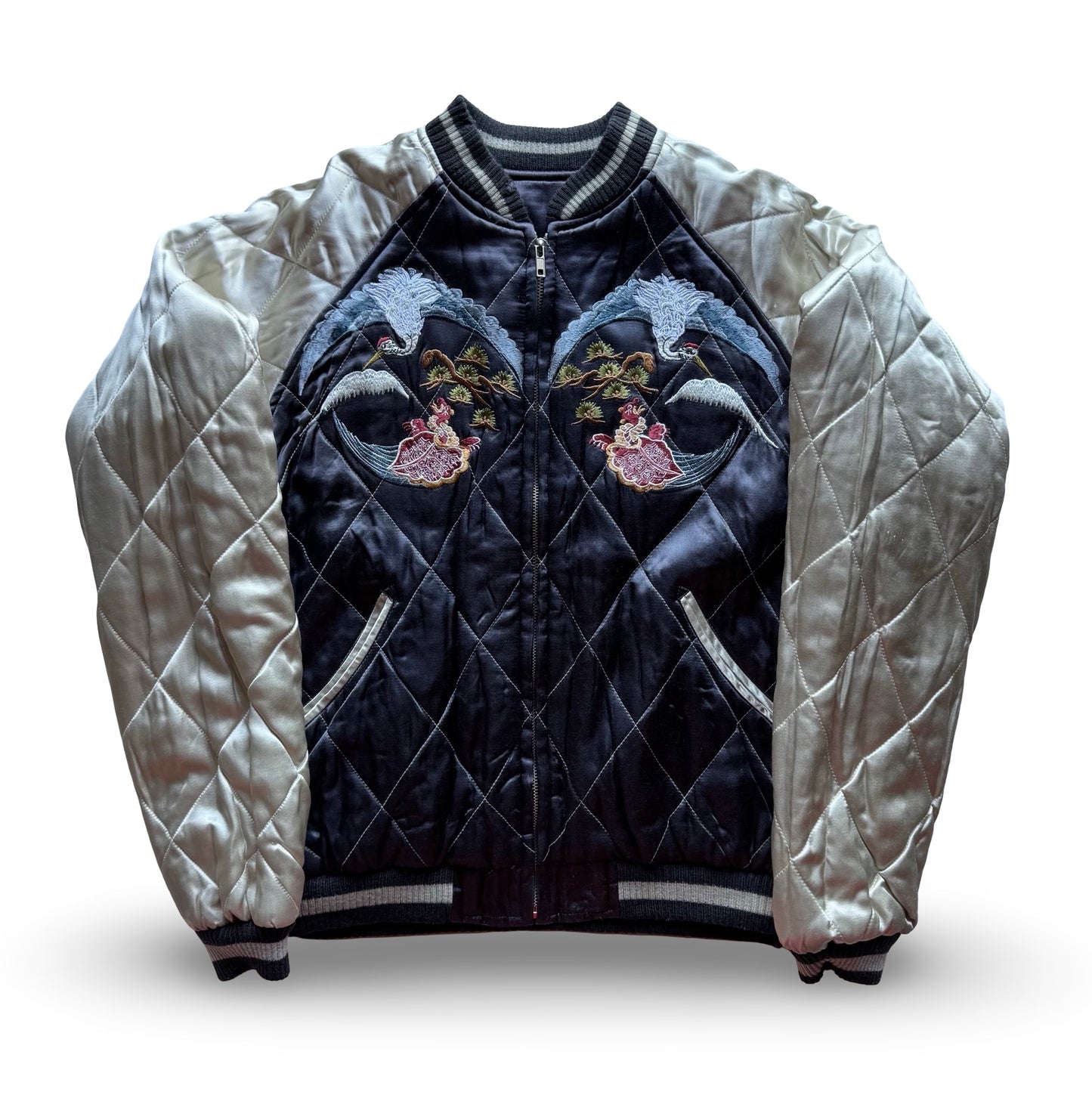 Vintage Reversible Sukajan Crane Turtle Butterfly Jacket, Japanese Satin Souvenir Bomber with Chrysanthemum Embroidery