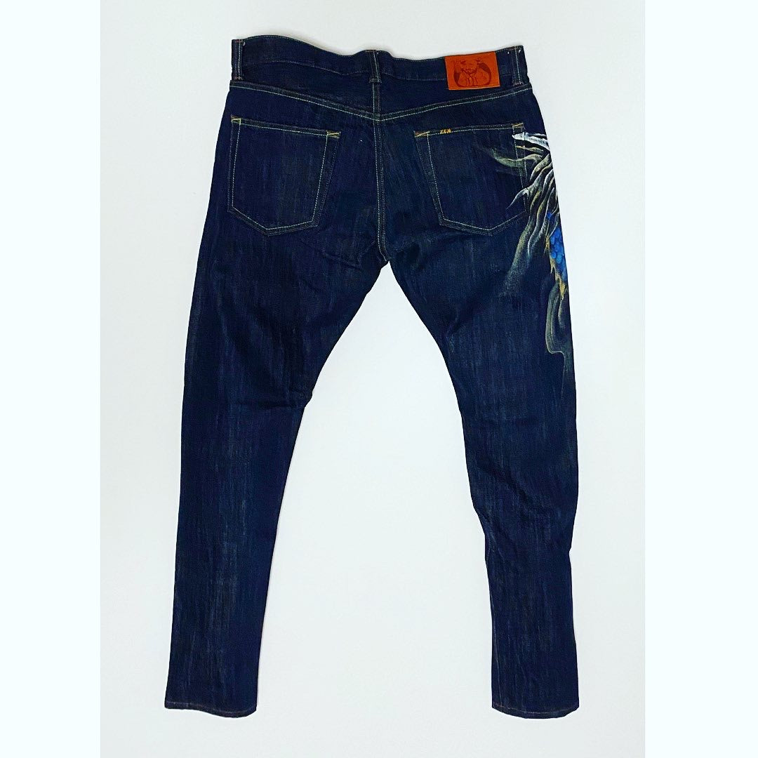 Vintage ZEN Premium Japanese Oni Shishi Hand Painted Art Denim Jeans | Made in Japan | Buddhist Guardian Yokai Streetwear