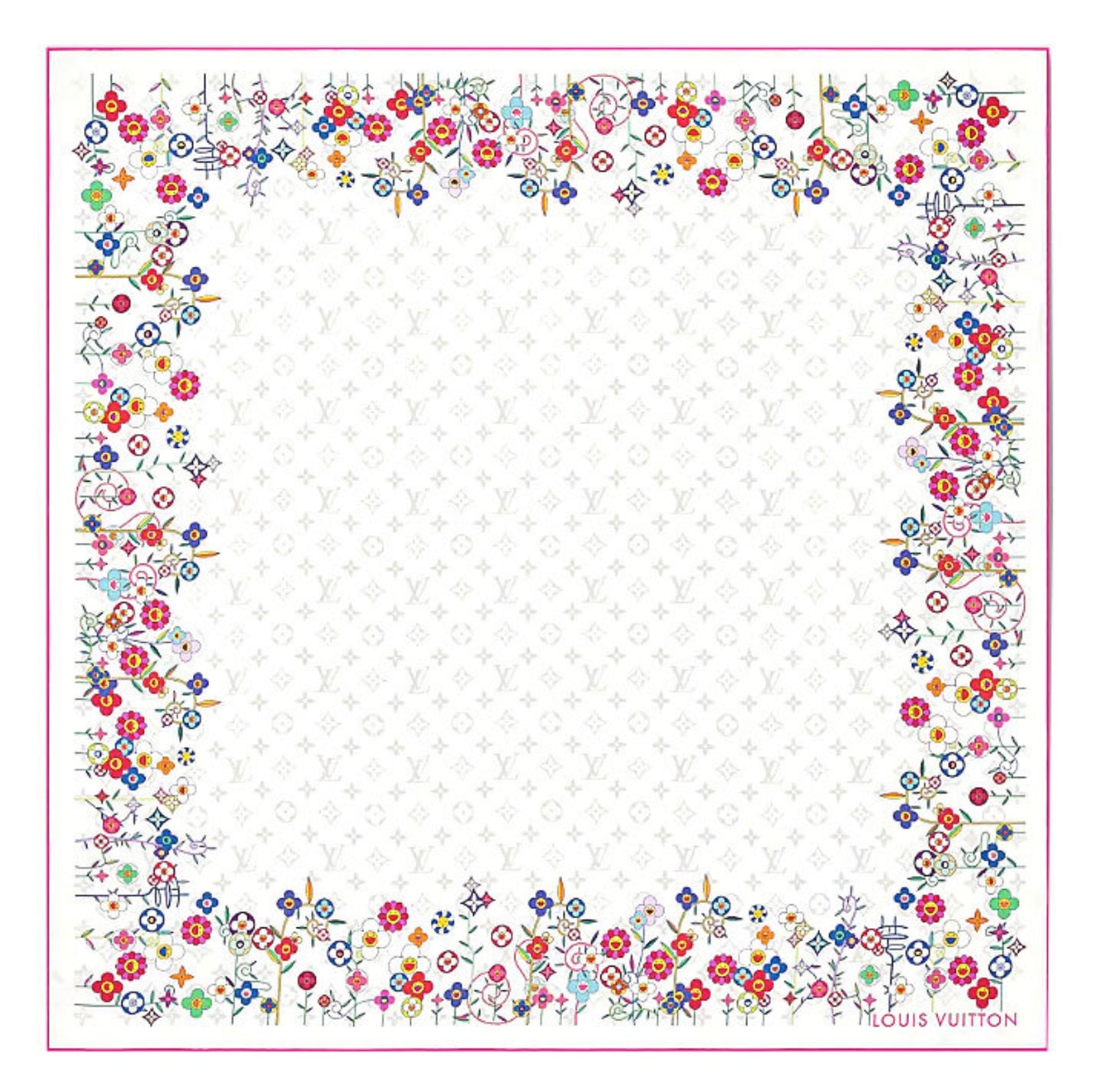 Louis Vuitton × Takashi Murakami Carré 90 Silk Scarf M96263 Superflat Framboise Multicolor Flower LV Monogram Art Collectible
