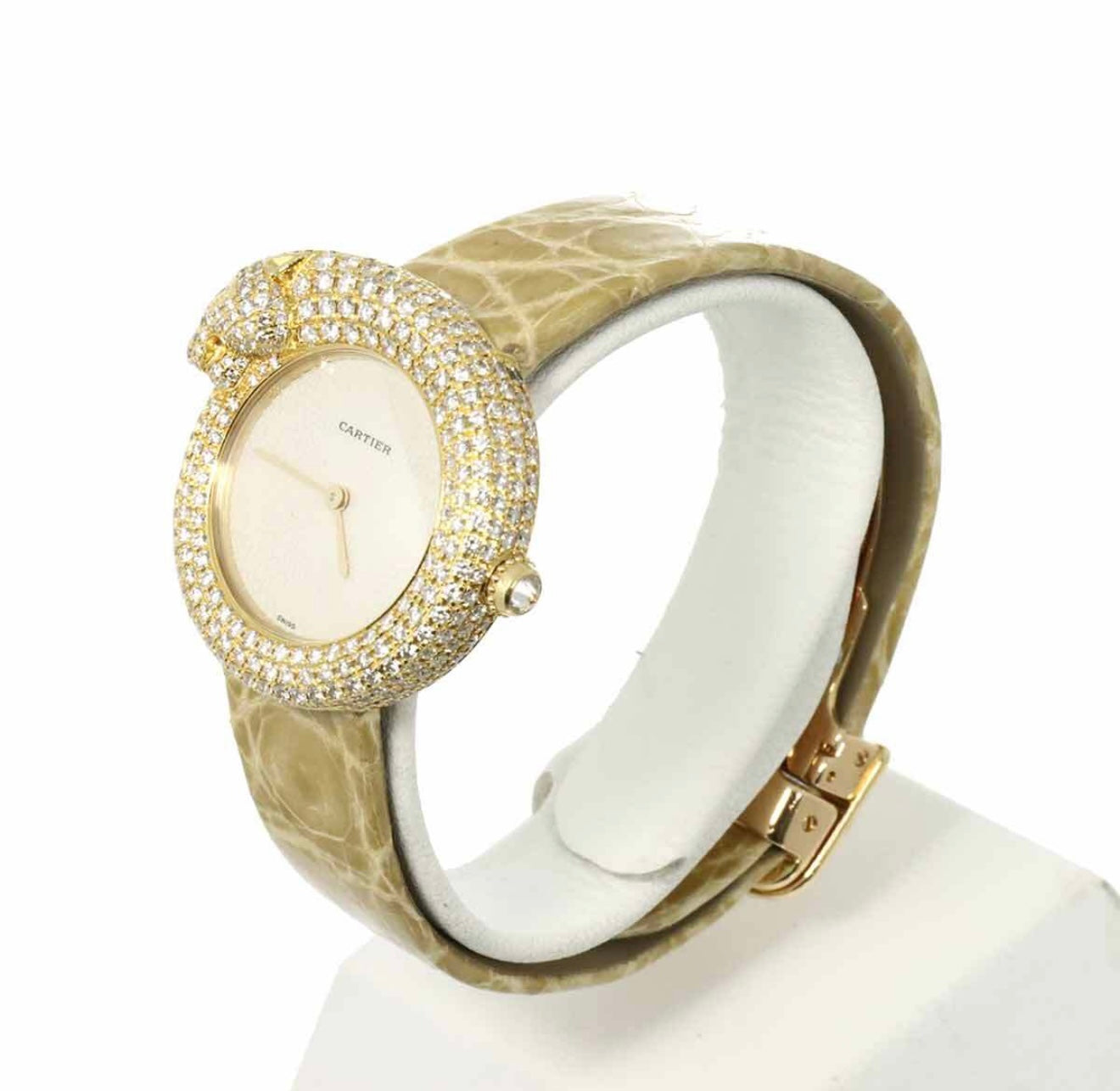 Cartier Panthère 1925 K18YG Diamond Ladies Watch WF317551 – Ivory Crocodile Strap, Full Pavé Panther Motif, Luxury Collector’s Piece