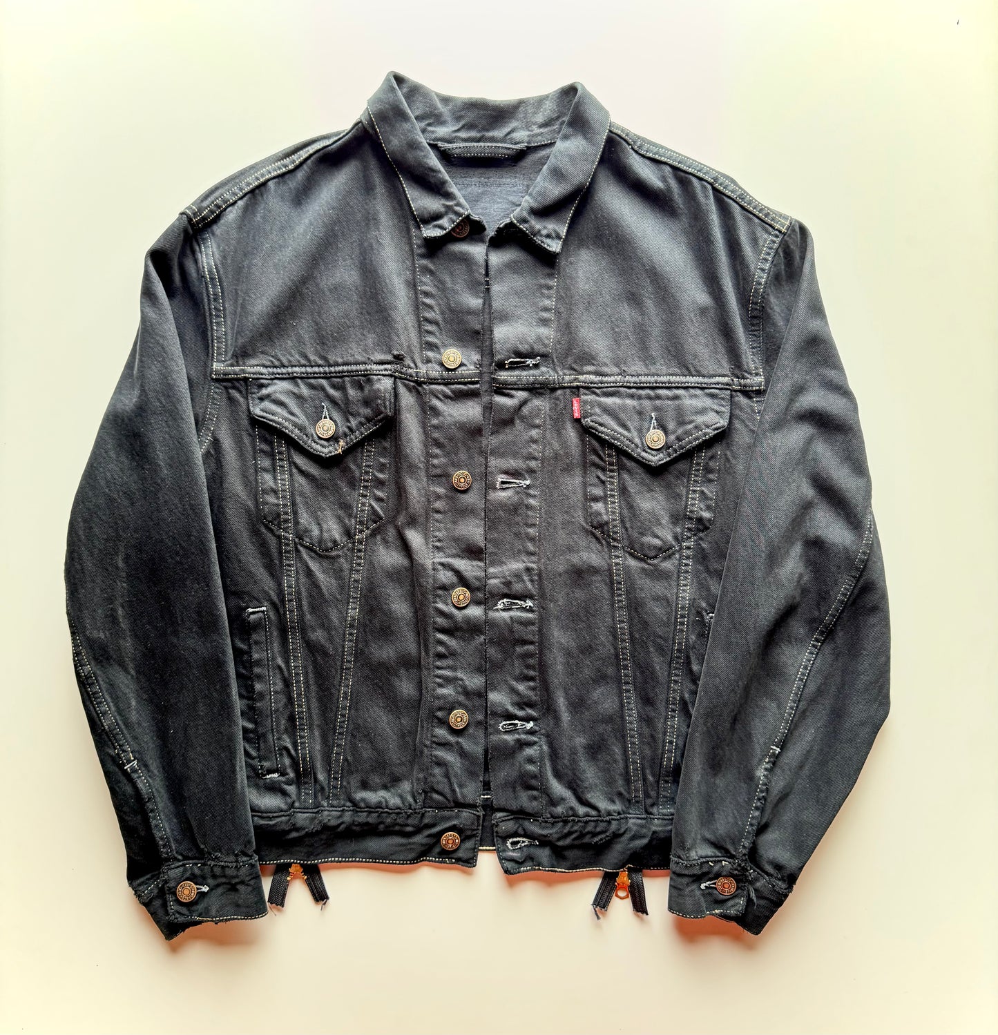 Vintage Levi's Black Denim Jacket with Indigo Seigaiha Silk Panel | Japanese Kimono Remake | One of a Kind Wearable Art | M-L