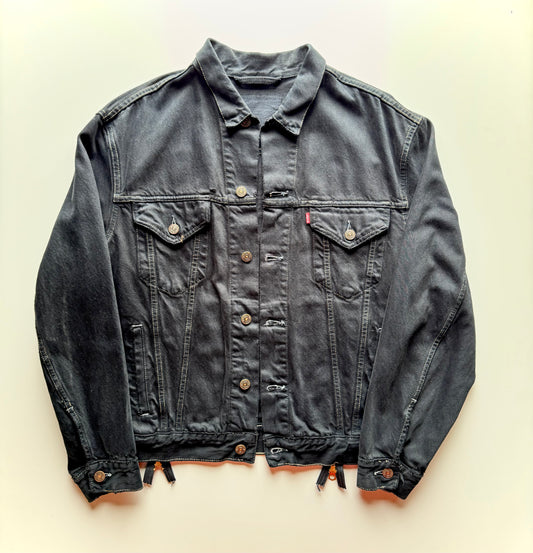 Vintage Levi's Black Denim Jacket with Indigo Seigaiha Silk Panel | Japanese Kimono Remake | One of a Kind Wearable Art | M-L