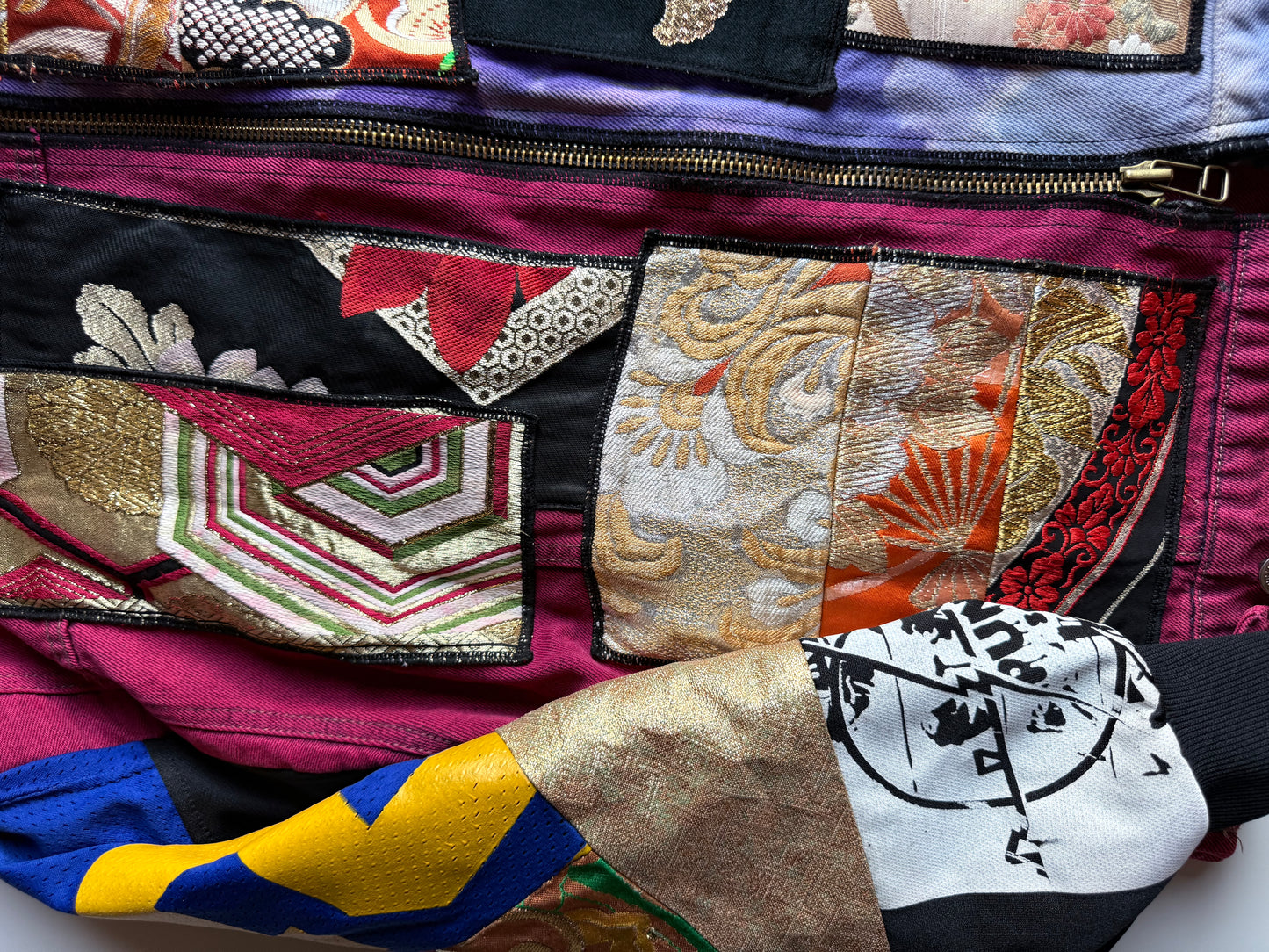 COTÉ MER Kimono Obi Patchwork Denim Remake Upcycled Jacket L XL Japanese One of One Harajuku Streetwear Wearable Art