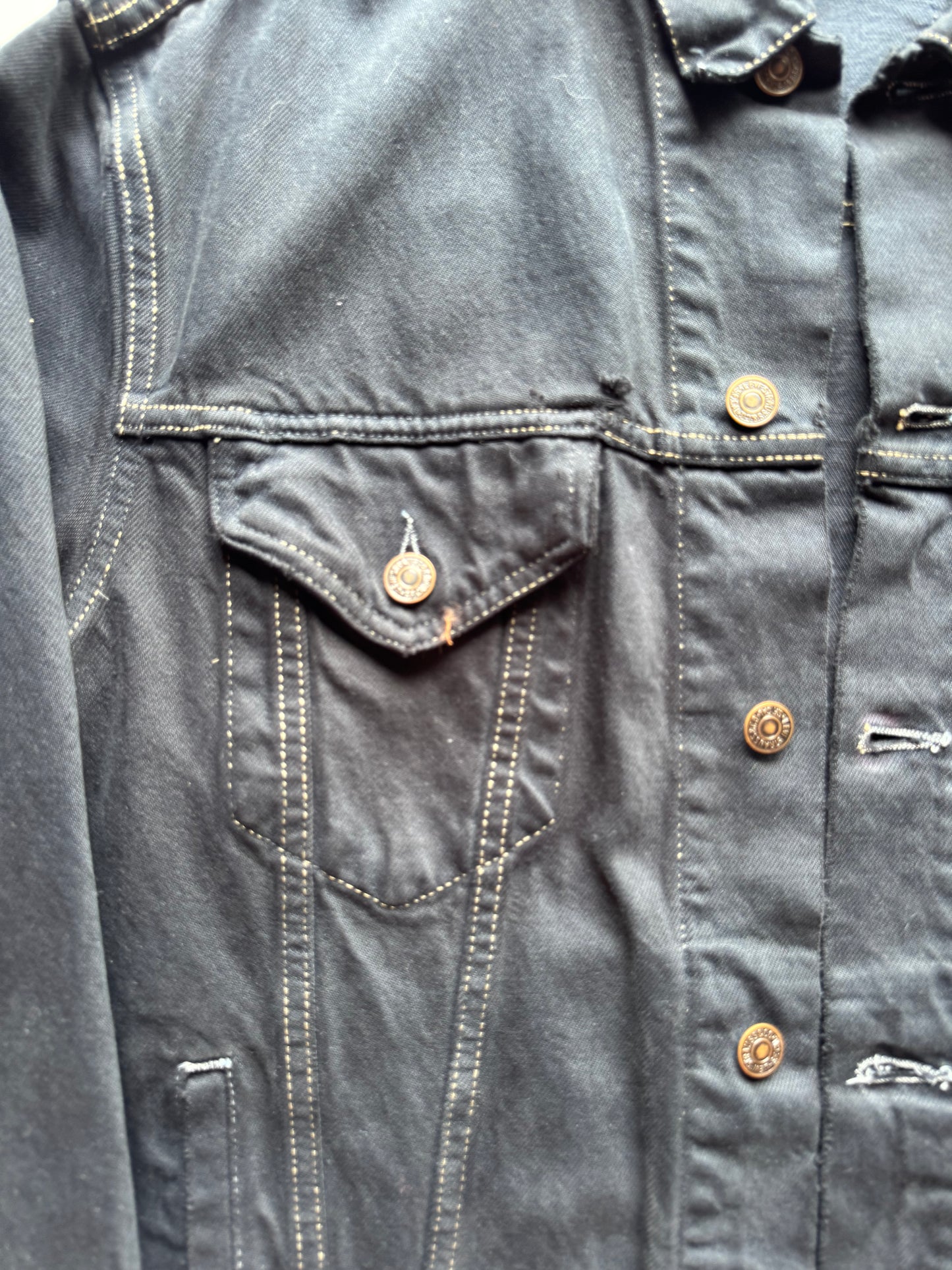 Vintage Levi's Black Denim Jacket with Indigo Seigaiha Silk Panel | Japanese Kimono Remake | One of a Kind Wearable Art | M-L