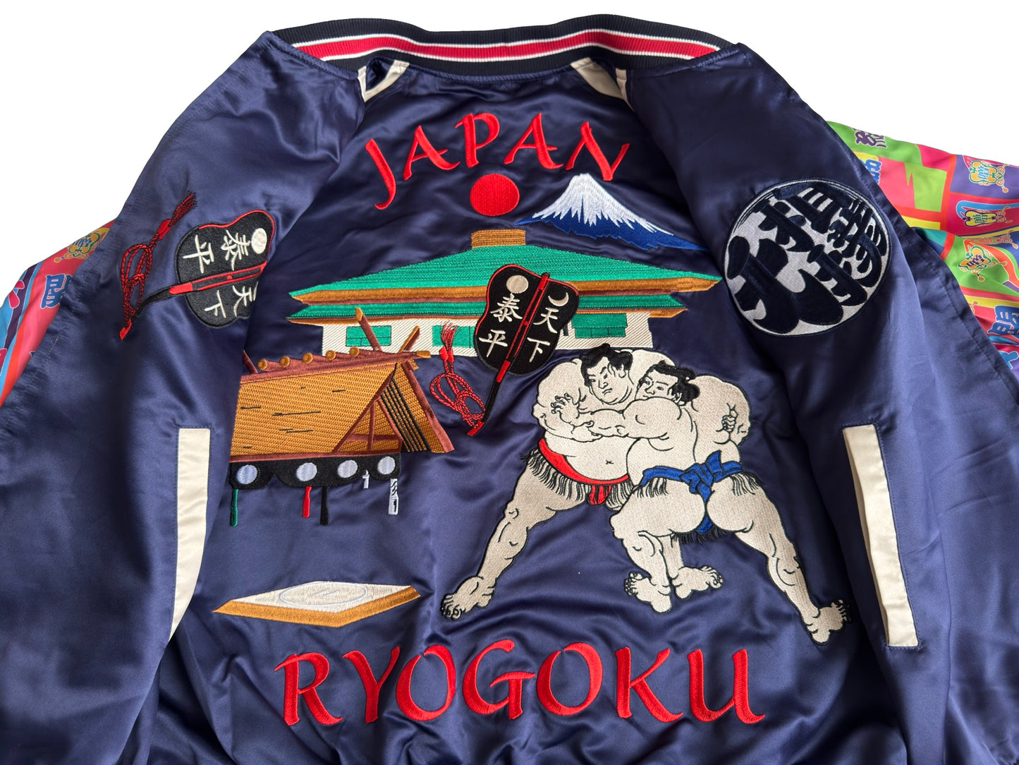 Dope Reversible Ryogoku Sumo Sukajan Jacket – Mt. Fuji Embroidery, Neon Banner Side, Premium Japanese Souvenir Art