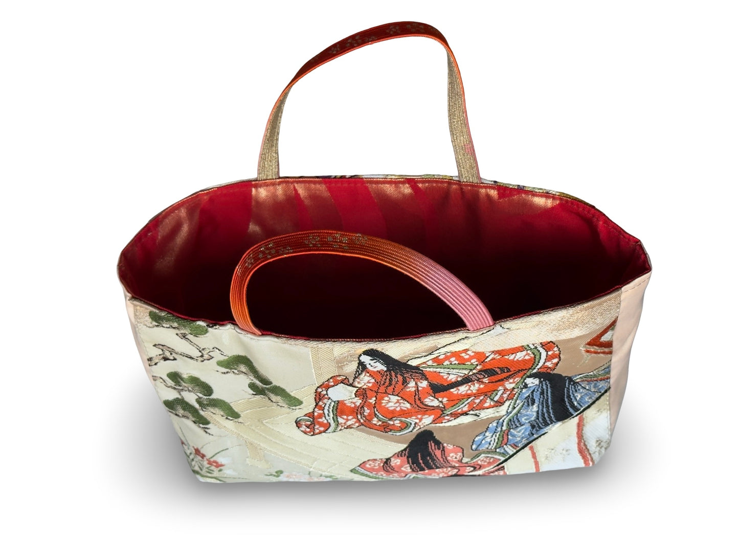 Remake Wagara Heian Court Tote Bag — Genji Monogatari Obi Fabric | Japanese Kimono Tapestry Art Handbag