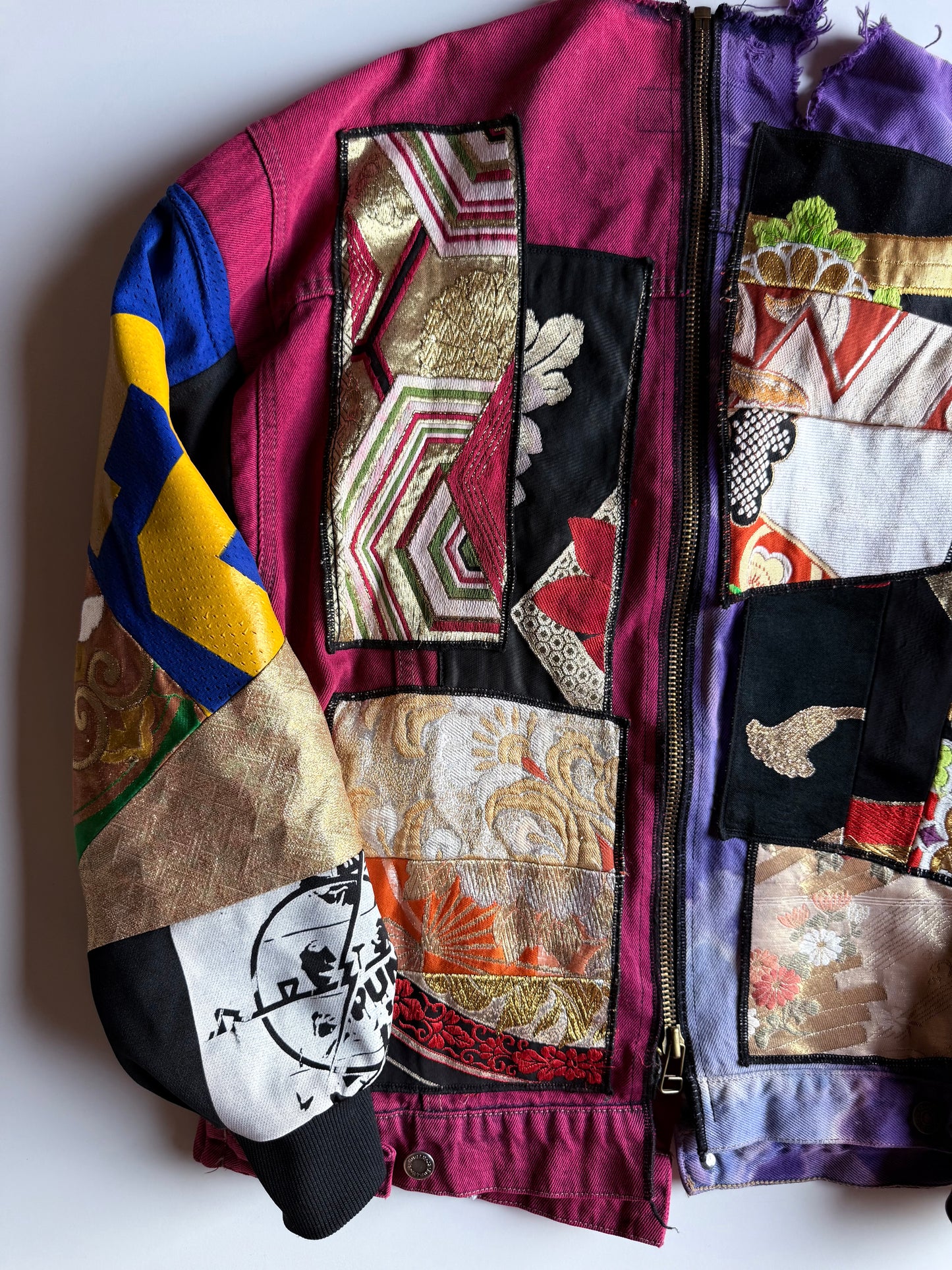 COTÉ MER Kimono Obi Patchwork Denim Remake Upcycled Jacket L XL Japanese One of One Harajuku Streetwear Wearable Art
