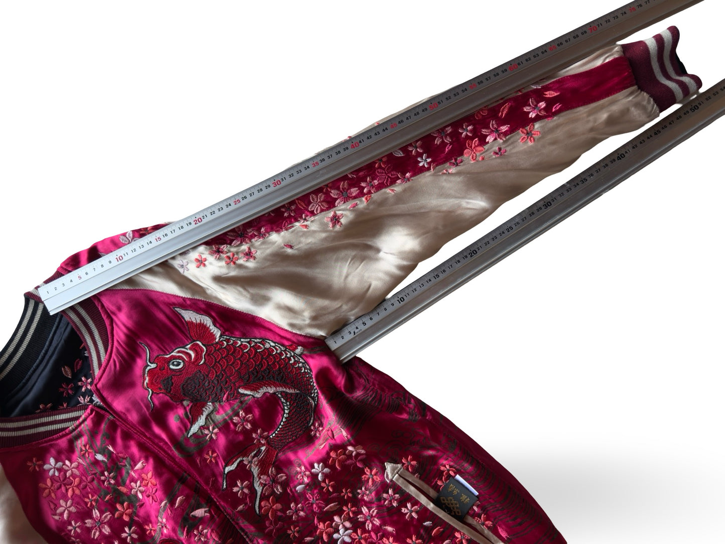 Miyabi Musubi Reversible Sukajan – Rising Koi & Hokusai Great Wave, Sakura Storm Embroidery, Japonisme Japanese Souvenir Jacket