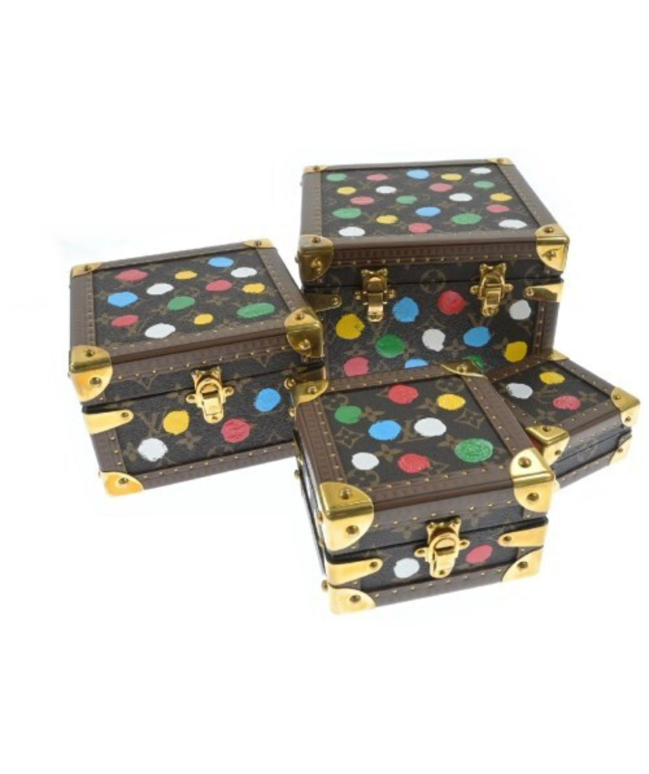 Louis Vuitton × Yayoi Kusama M10119 Painted Pyramid Jewelry Trunk Set · Limited Art Collab · 4-Piece Monogram Hard Case Collection (A Rank)