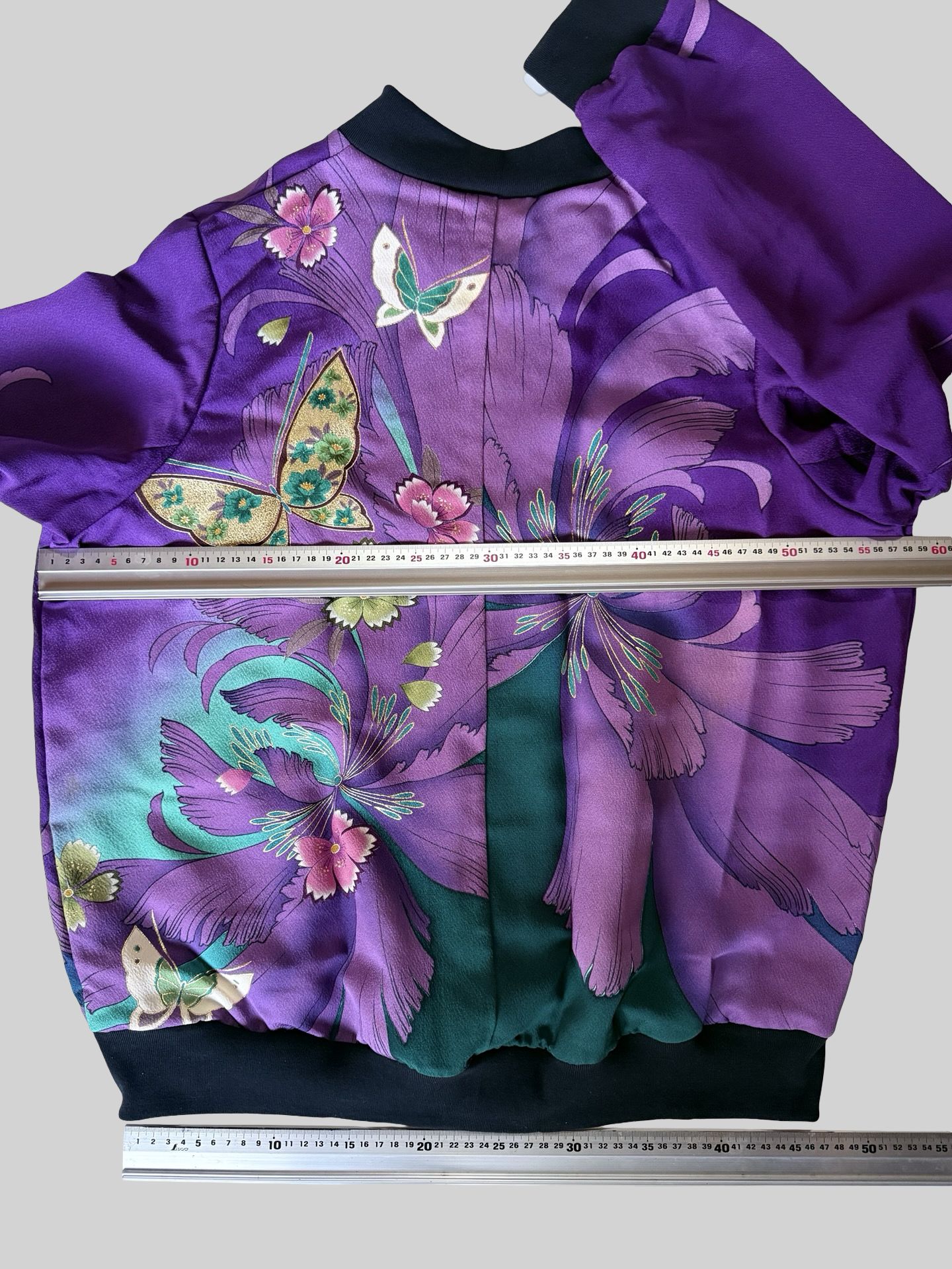 Kimono Remake Silk Bomber Jacket Purple Floral Butterfly Sukajan Japanese Upcycled Textile Art Piece