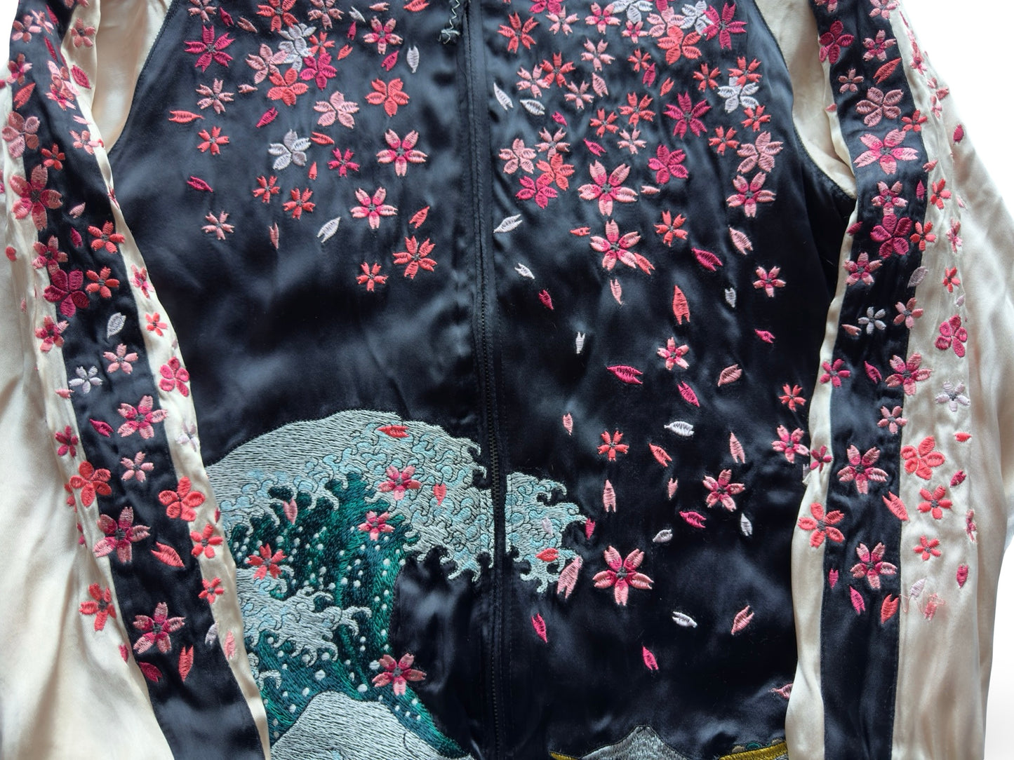 Miyabi Musubi Reversible Sukajan – Rising Koi & Hokusai Great Wave, Sakura Storm Embroidery, Japonisme Japanese Souvenir Jacket